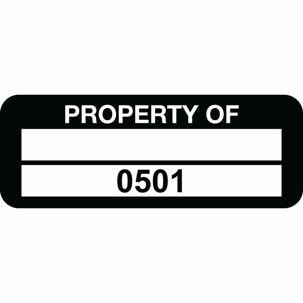 Lustre-Cal Property ID Label PROPERTY OF Polyester Blk 2in x 0.75in 1 Blank Pad&Serialized 0501-0600, 100PK 253744Pe2K0501